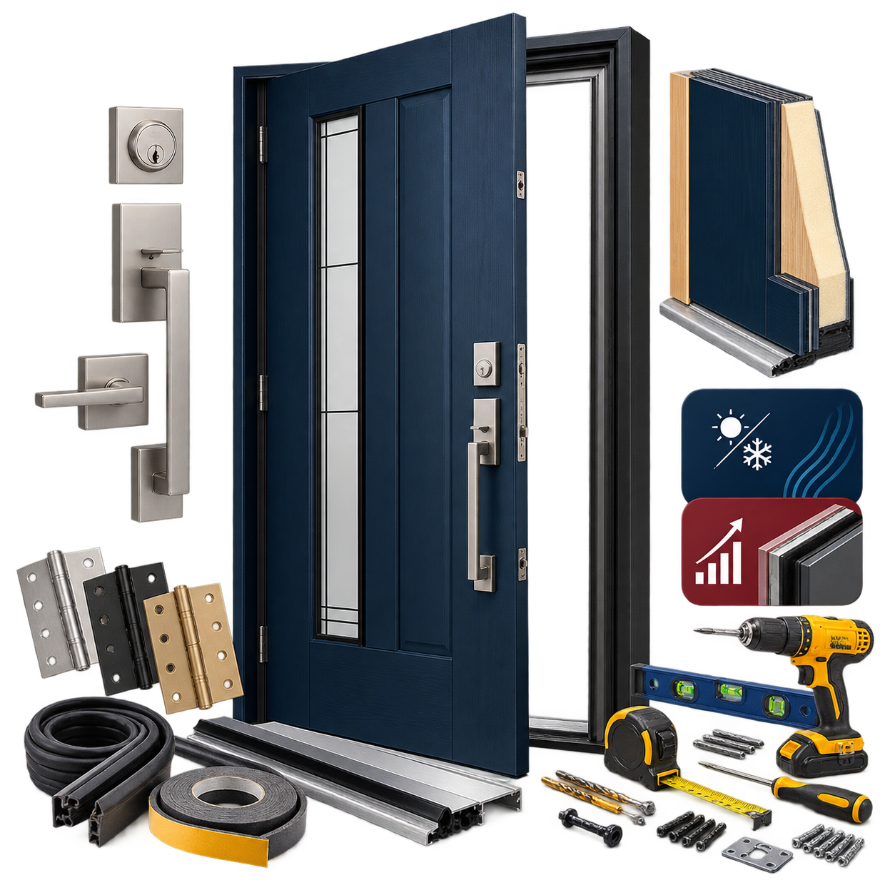 Modern entry door, installation hardware, tools, and marketing performance graphics