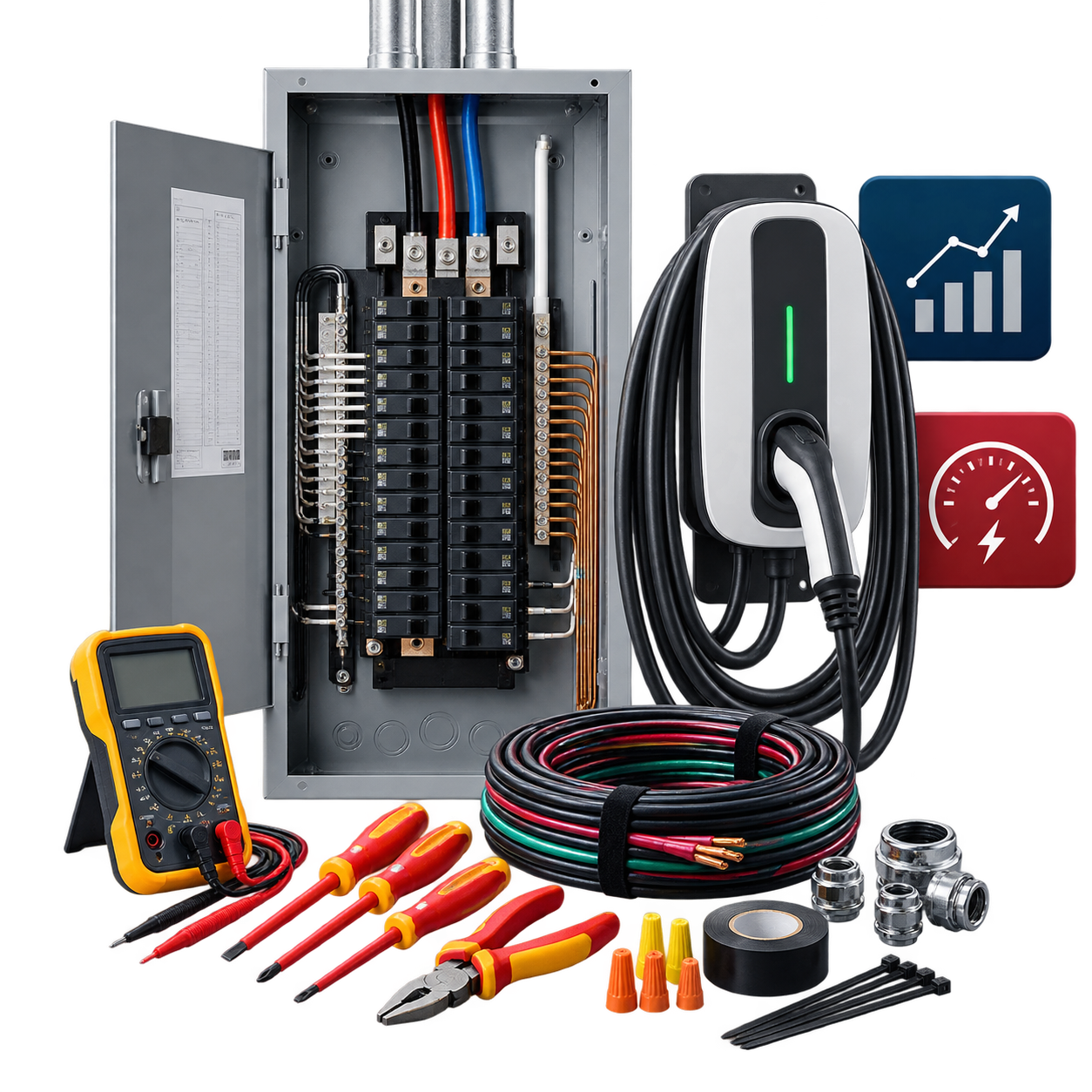 Electrical panel, EV charging equipment, service tools, and marketing performance graphics