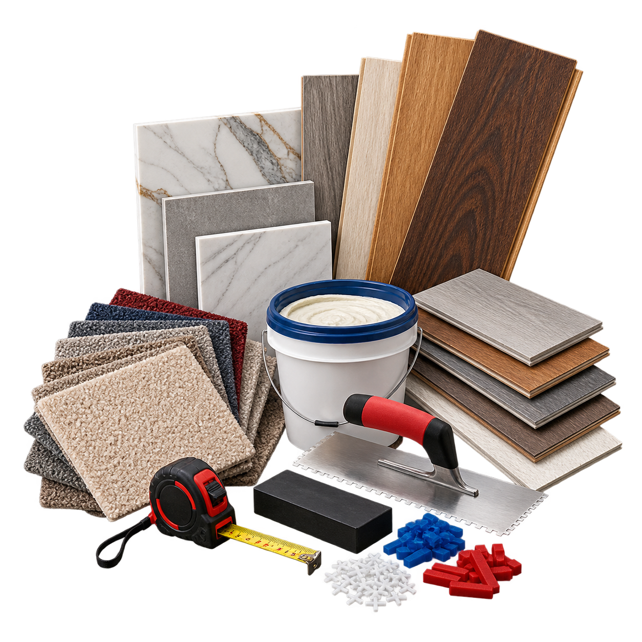 Hardwood, vinyl, tile, carpet samples, and flooring installation tools