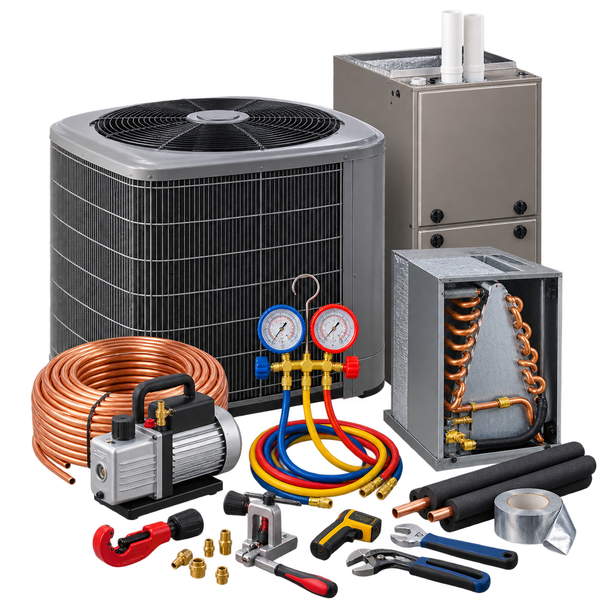 HVAC heating and cooling equipment with service tools and marketing performance graphics