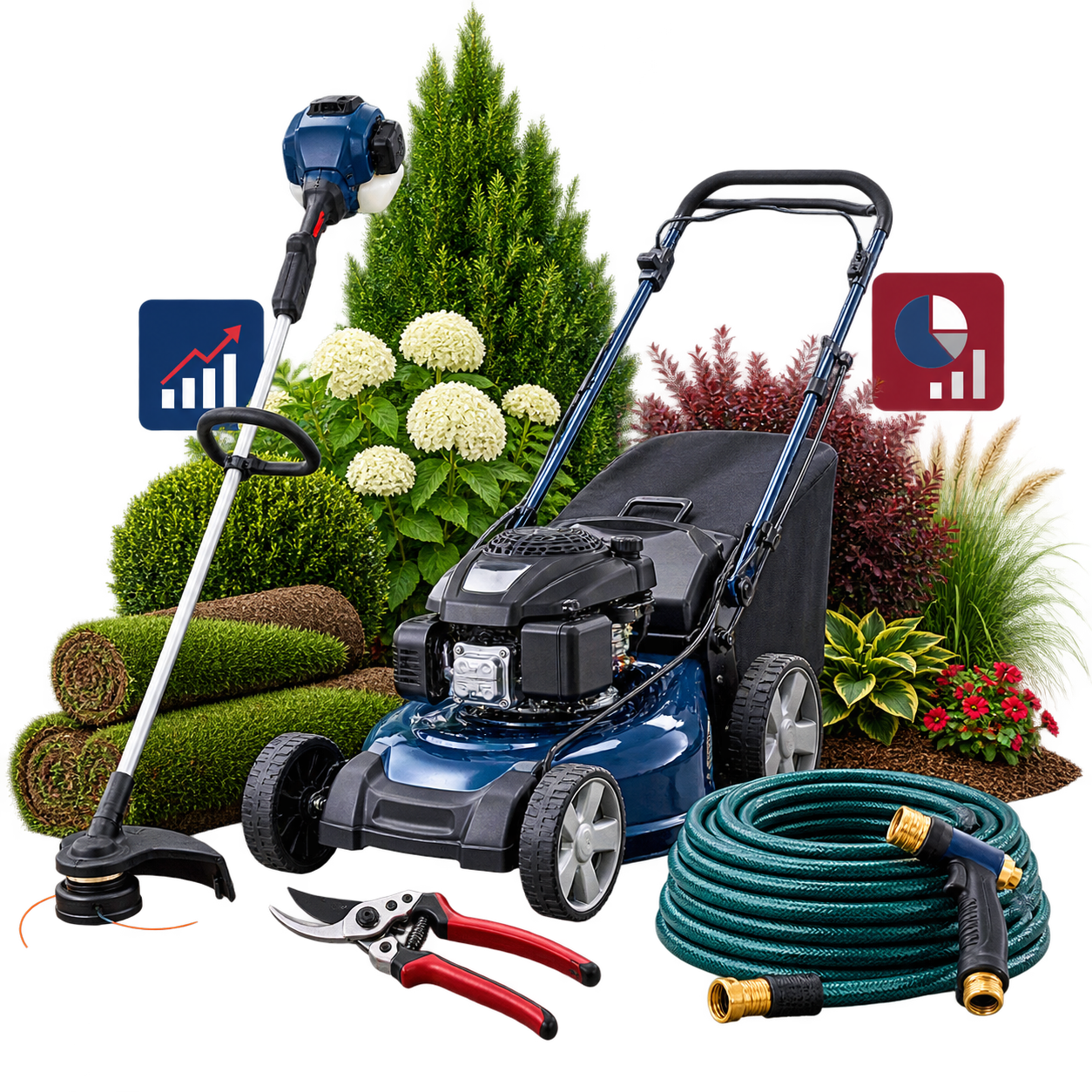 Lawn equipment, landscaping plants, and marketing performance graphics