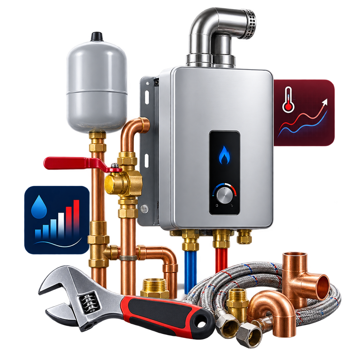 Professional plumbing equipment, fixtures, and marketing performance graphics