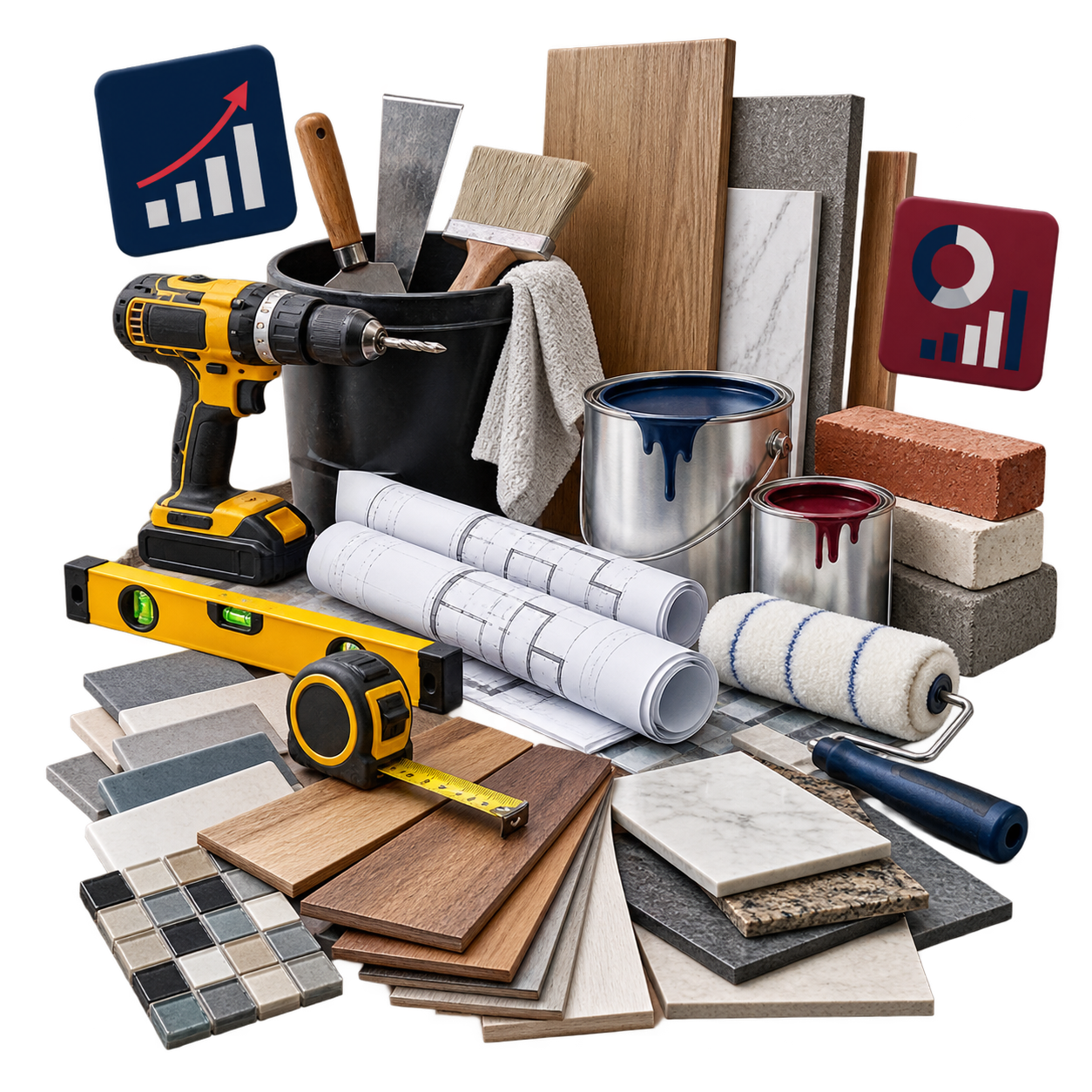 Renovation plans, finish samples, tools, and marketing performance graphics