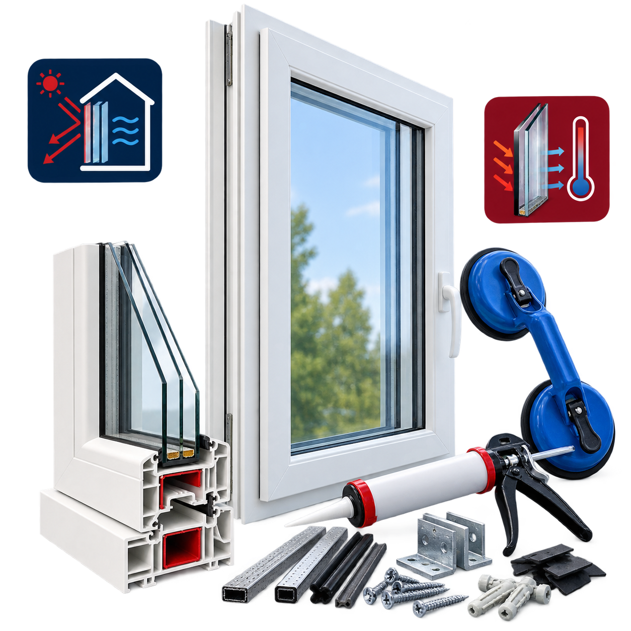 Energy-efficient window glazing, installation tools, and marketing performance graphics